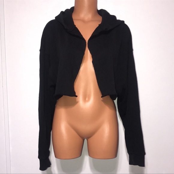 Reformation Jeans Black Cropped Open Front Jacket Hoodie | Size L - Picture 4 of 5